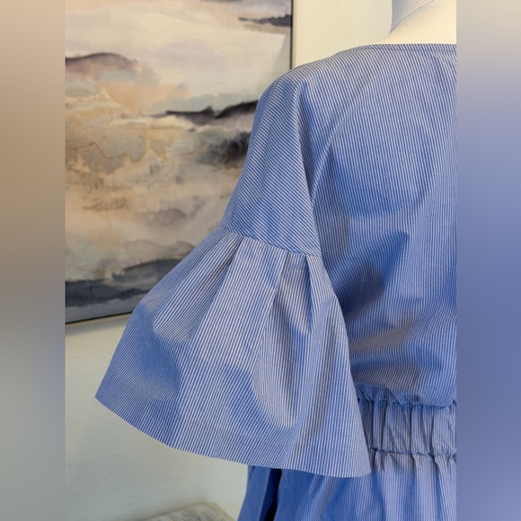 100% cotton Blue White Striped Midi Dress with Flare Sleeves - Picture 8 of 16